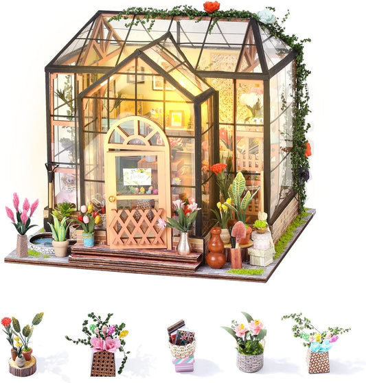 DIY Miniature Dollhouse Greenhouse Building Room Kit, Wooden Diorama Book Nook House Crafts for Adults, 1:24 Scale Miniature Street Tiny Library House Making