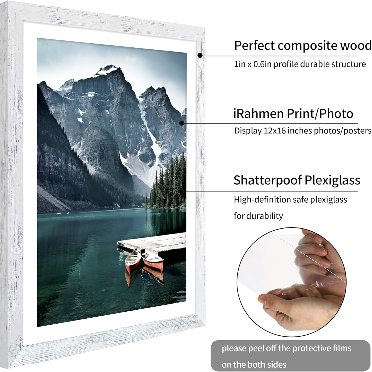 iRahmen 18x24 Picture Frame Set of 2 with Plexiglass, Distressed White Wood Poster Frame Display Picture 16x20 with Mat or 18 x 24 Without Mat for Photo Gallery Wall Mounting