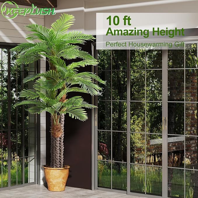 10ft Tall Artificial Palm Tree for Outdoors - Triple Phoenix Palm, UV Resistant, Large Fake Silk Palm Tree - Perfect for Patio, Poolside, Home Indoor Aesthetic Decor