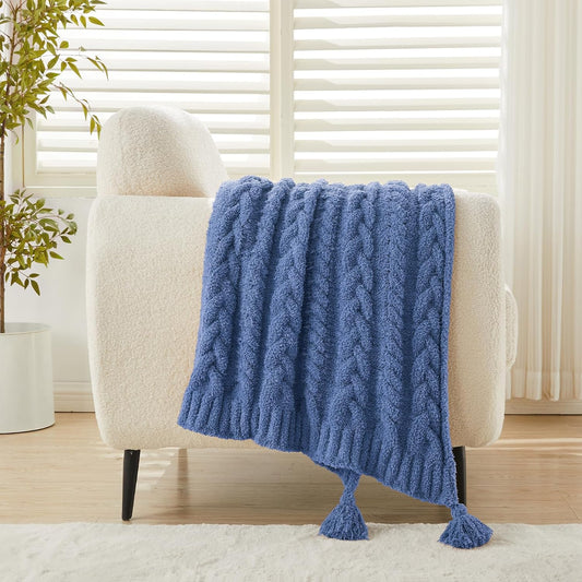 HORIMOTE HOME Chenille Chunky Knit Throw Blanket for Couch with Tassels, Soft Cozy Blanket for Sofa Chair Bed, Blue, 50"x 60"