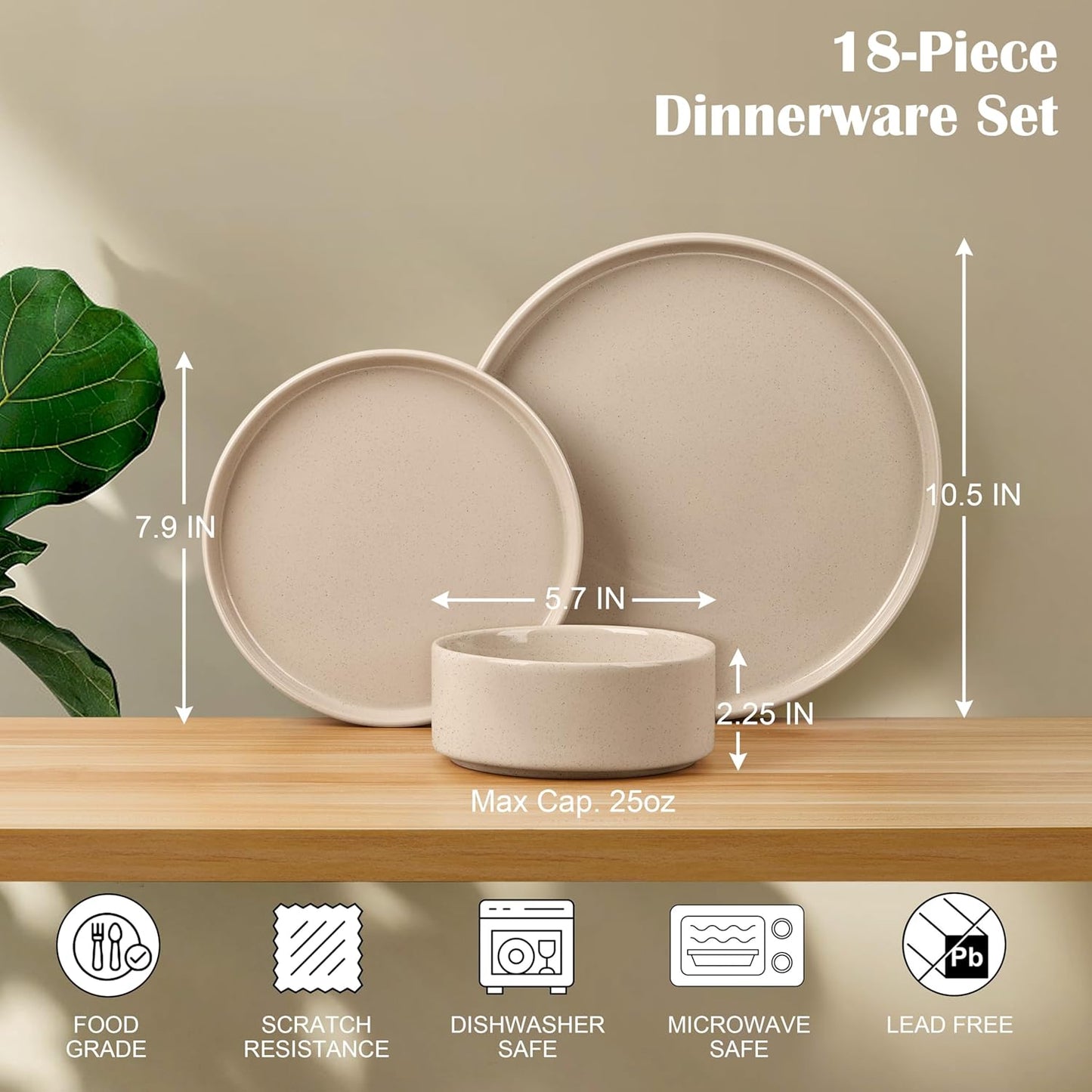 E-far Dinnerware Sets for 6, 18-Piece Stoneware Plates and Bowls Dish Set, Modern Kitchen Dinning Dishware, Chip and Scratch Resistant, Microwave & Dishwasher Safe, Speckled Khaki