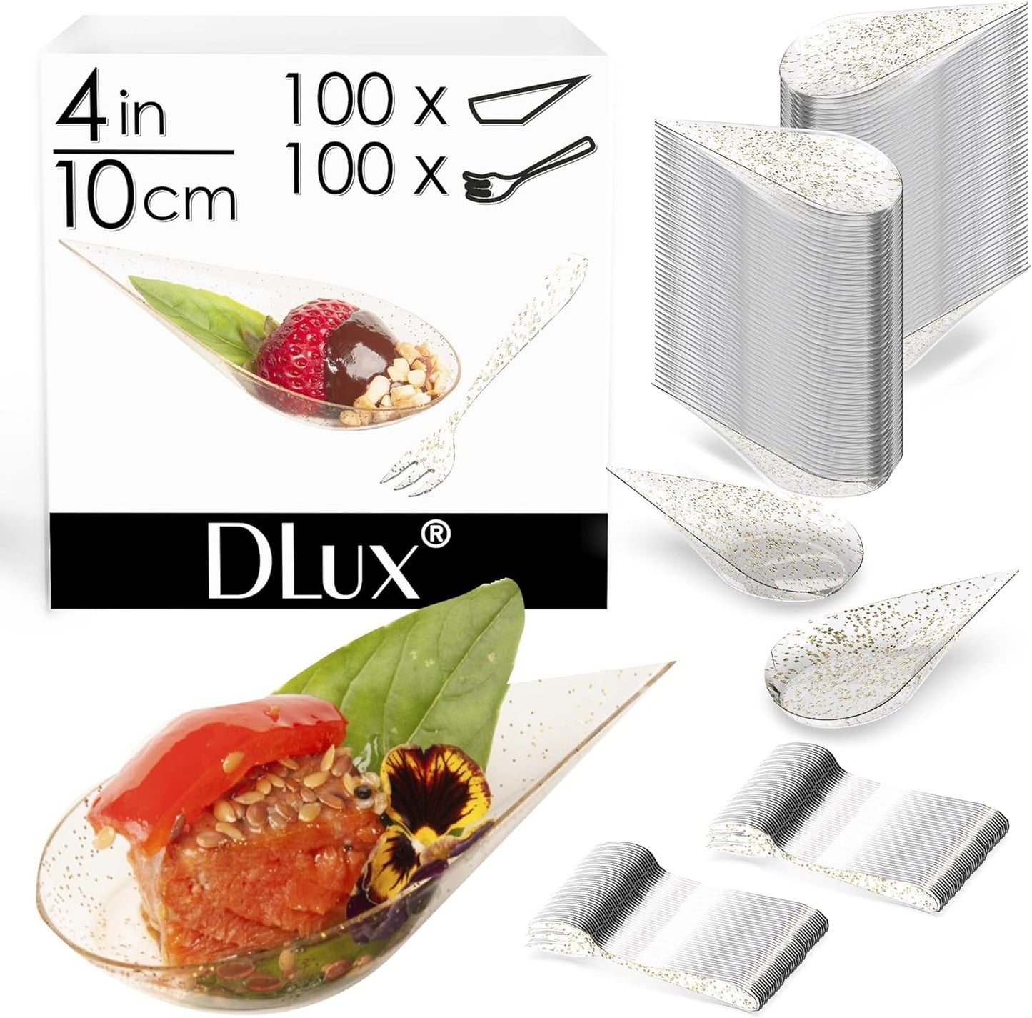 DLux 100 4-in Tear Drop Mini Appetizer Plates with Forks, Reusable Gold Glitter Clear Plastic Spoon - Dessert and Appetizers Dishes Serving Plate - Asian Spoon Set, Small Catering Dessert Tasting Cups