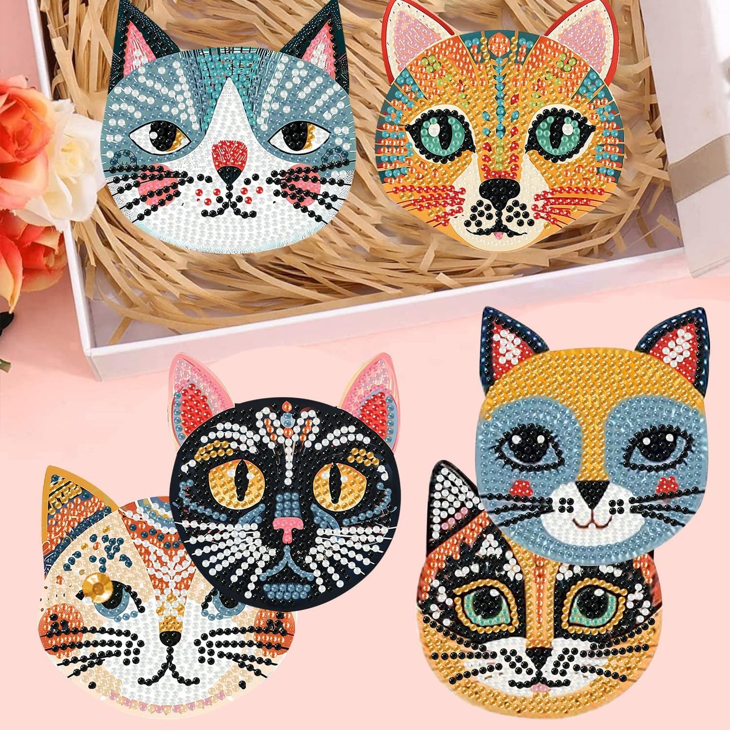 Meothan 6 Pcs Diamond Art Coasters Kits for Adults with Holder Cork Pads, Cats Diamond Dots Art Painting Coasters Crafts Kit for Home Office Decor Gifts (Cat Head Shaped)
