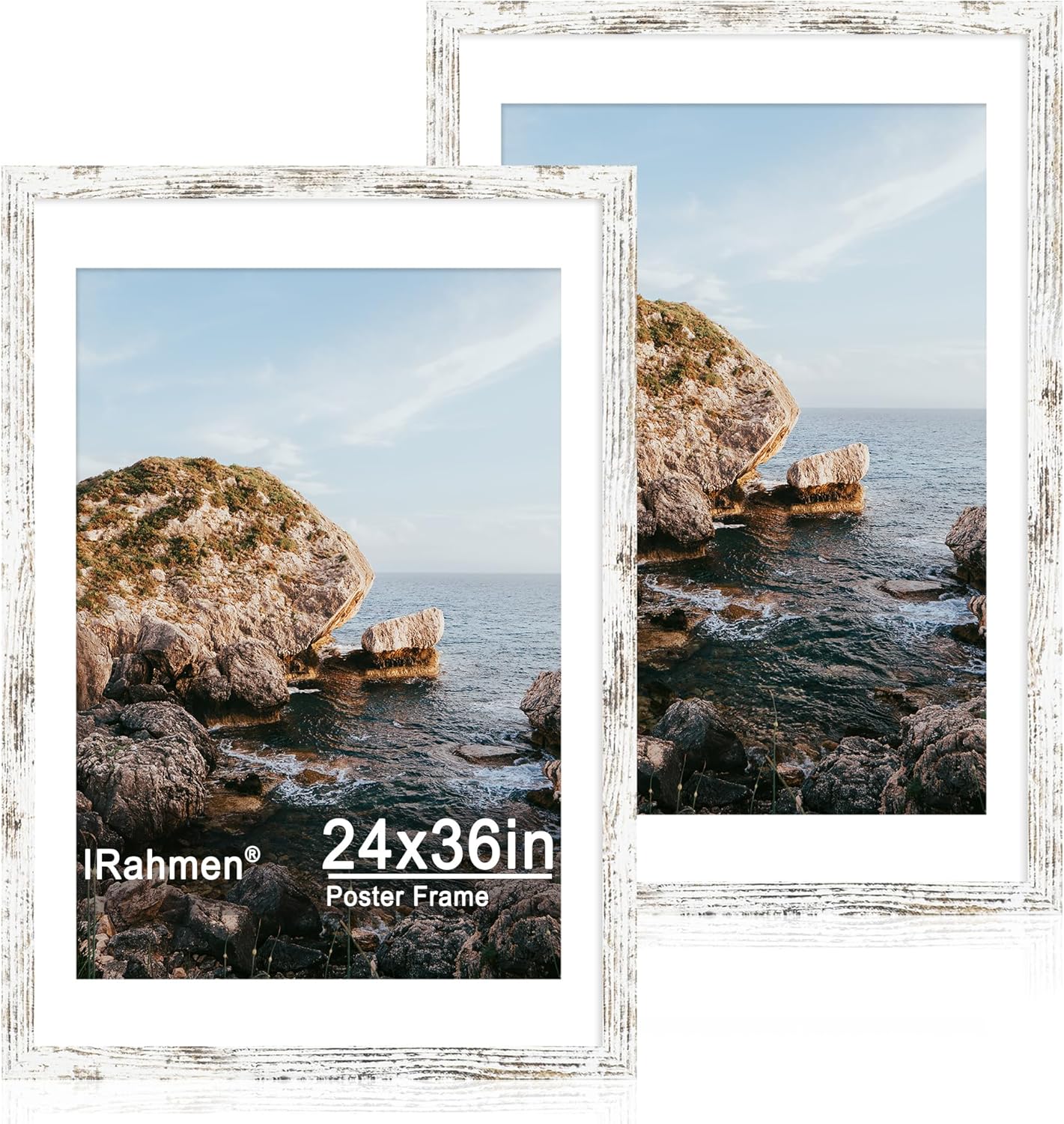 iRahmen 24x36 Poster Frame Set of 2 with Plexiglass, Distressed White Wood Frames Display 20x30 Picture with Mat or 24 x 36 Without Mat, Photo Gallery Wall Mounting Horizontal and Vertical