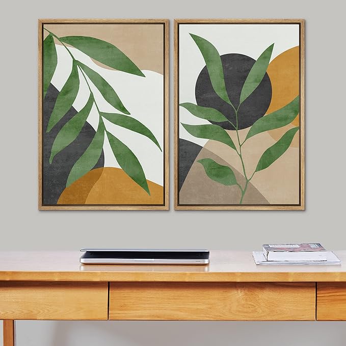 SIGNFORD Framed Canvas Print Wall Art Set Geometric Mid-Century Plant Collage Abstract Shapes Illustration Modern Art Decorative Nordic Nature for Living Room, Bedroom, Office - 16"x24"x2 Natural