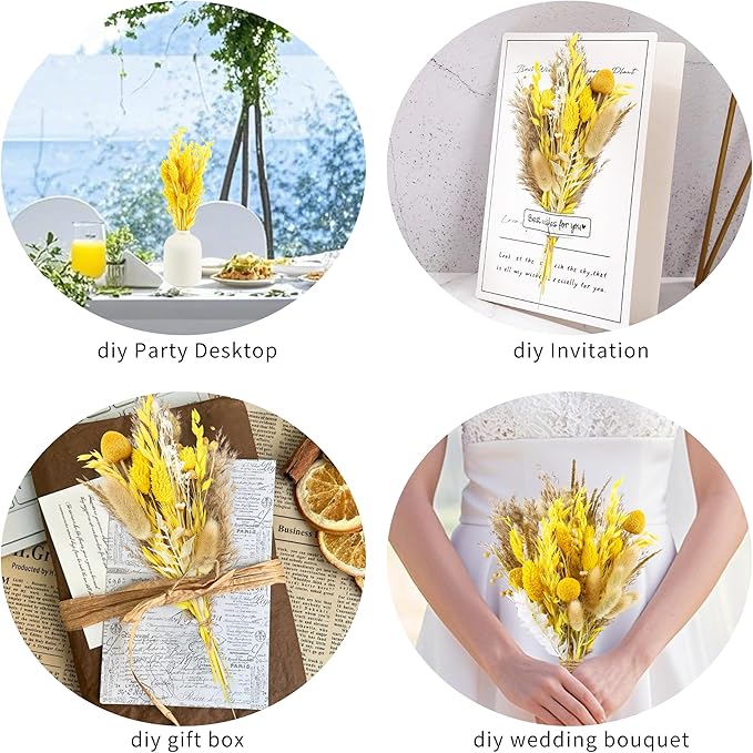 120 Pcs Fall DIY Natural Dried Flowers Set Crafts Mini Dried Florals with Stems Bouquets for Vase Floral Arrangement Handcraft Door Hanging Wreath Table Centrepieces Thanksgiving Decor(Yellow)