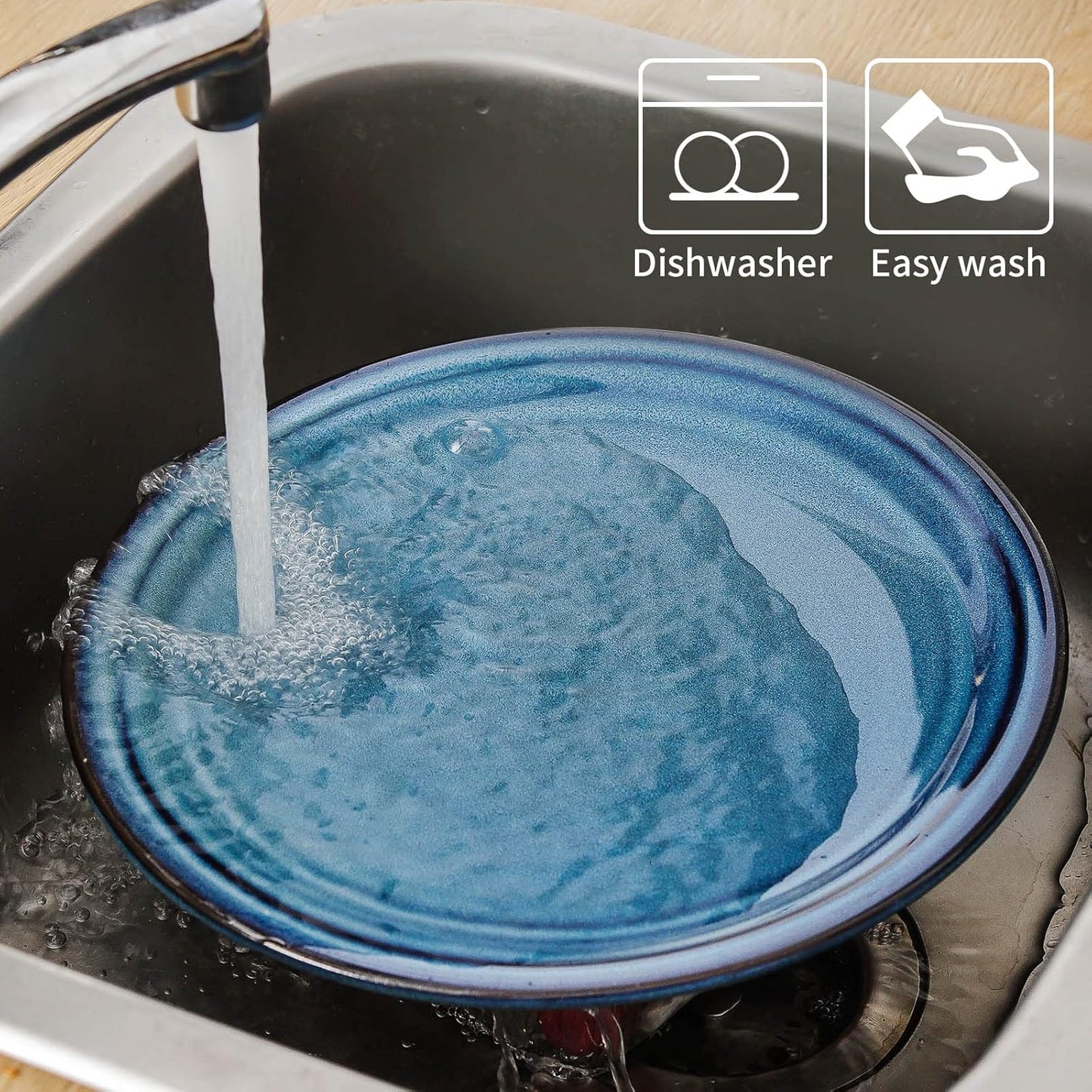 Hasense 10 Inch Dinner Plates Set of 6,Ceramic Large Porcelain Pasta and Salad Plates,Blue Stoneware Plate Set Microwave,Oven,and Dishwasher Safe