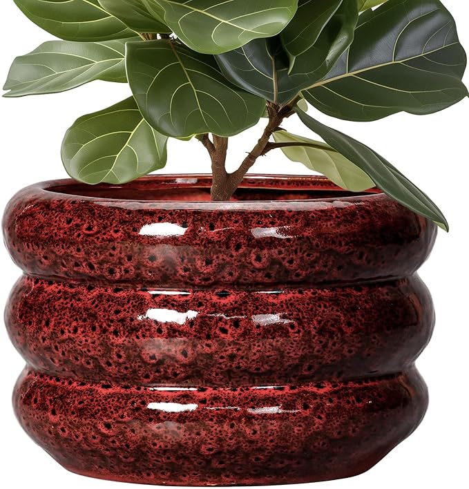 SQOWL Ceramic Planters for Indoor Plants - 13.5 Inch Plant Pot with Drainage Hole, Large Ceramic Flower Pots, Bubble Round Planter for Outdoor Plants, Room Home Office Decor, Gardening Gifts, Red