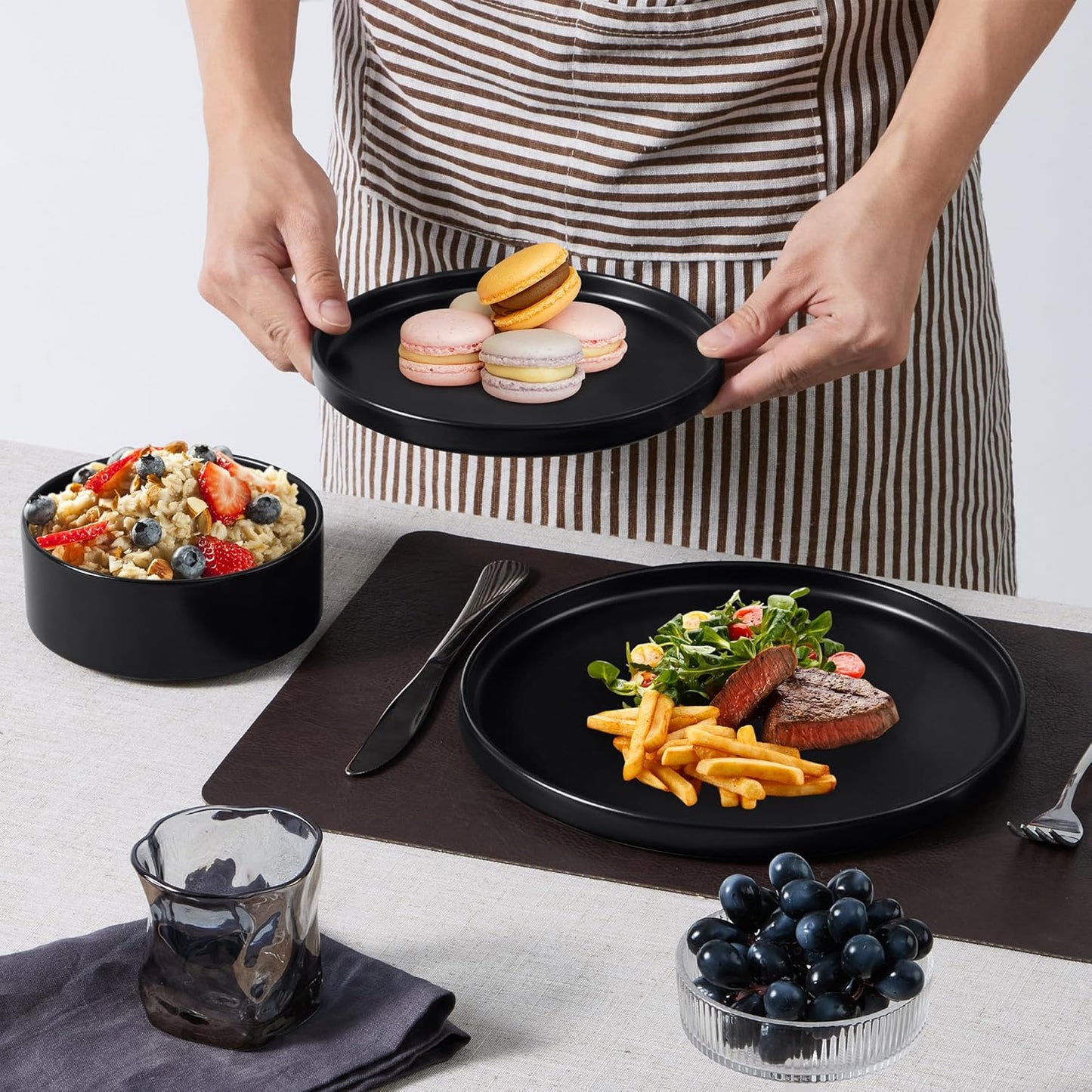 E-far Black Dinnerware Sets for 8, 24-Piece Stoneware Plates and Bowls Dish Set, Modern Kitchen Dinning Dishware, Chip and Scratch Resistant, Microwave & Dishwasher Safe, Matte Black