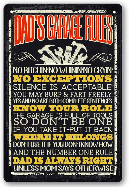 Funny Dad Garage Signs Dad's Garage Rules Sign Man Cave Decor Gifts For Men Dads Garage Metal Tin Signs Garage Accessories Cool Garage Stuff For Men Mechanic Shop Decor 8x12 Inch