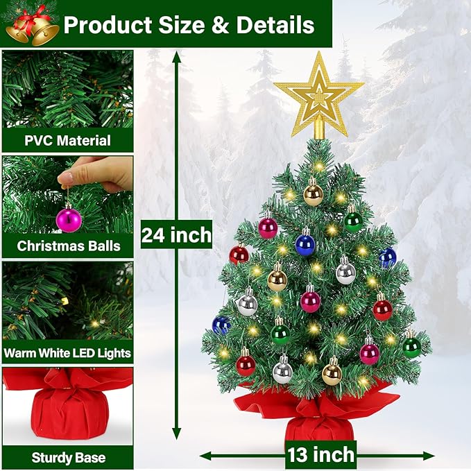 [ 8 Modes & Timer ] 24 Inch Tabletop Artificial Christmas Tree with 50 LED Lights, Star Treetop & 30 Christmas Ornament Battery Operated Small Christmas Tree Home Table Christmas Decorations