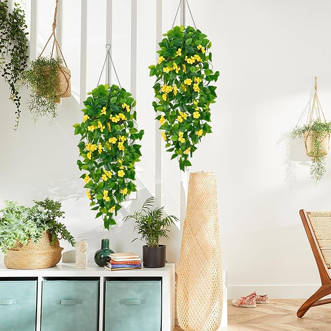 BLEUM CADE Artificial Hanging Flowers for Outdoors, 2pcs Fake Hanging Plants Pothos Vines with Yellow Flowers for Wall Home Living Room Indoor Outdoor Decor (No Baskets)