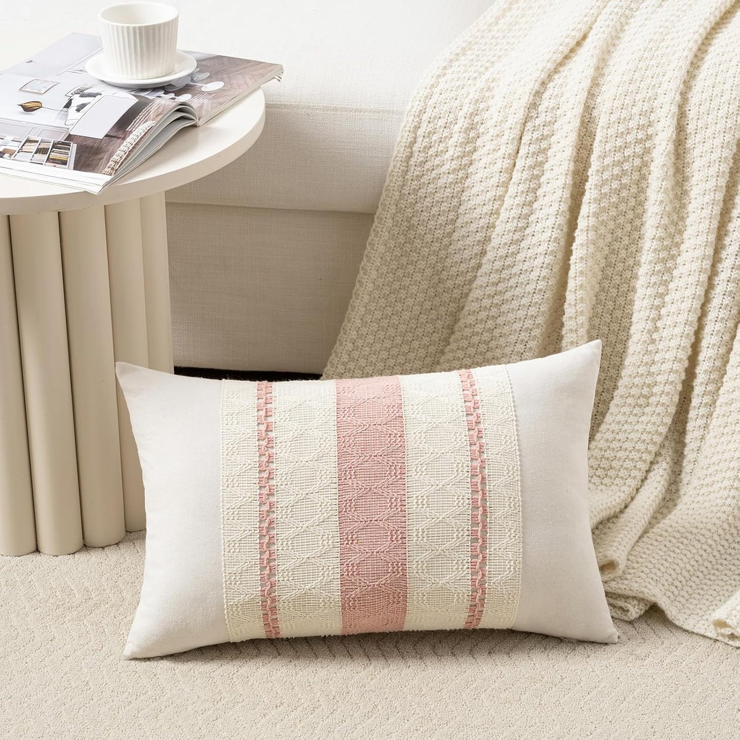 Fancy Homi Set of 2 Boho Pink Lumbar Decorative Throw Pillow Cover 12x20 Inch for Couch Bed Sofa Chair, Modern Organic Farmhouse Home Decor, Soft Cotton Cute Accent Rectangle Cushion Case