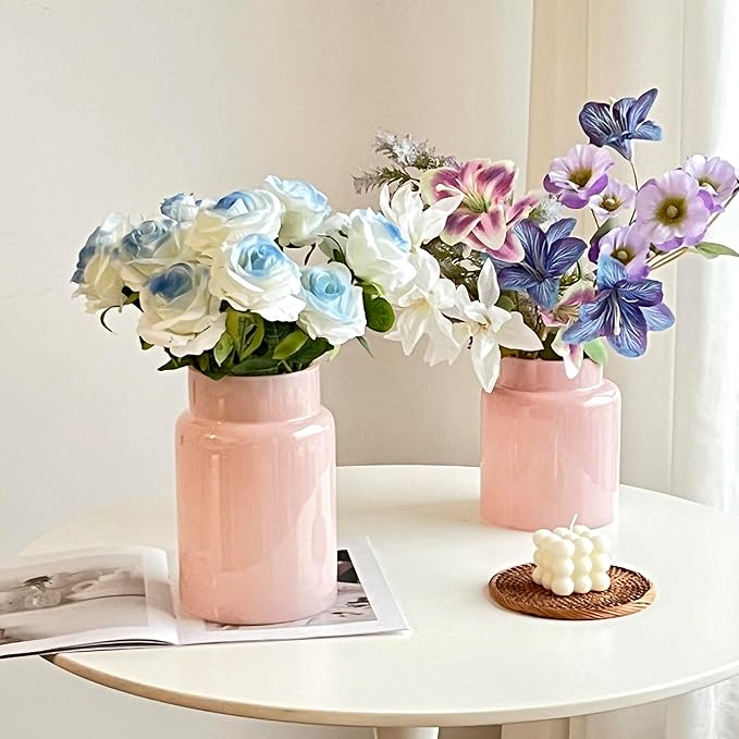 BLOFLO Pink Glass Vase, 9 Inch Large Glass Vase for Flowers, Modern Thick Glass Flower Vases for Centerpieces, Decorative Glass Cylinder Hydroponic Vase for Wedding, Home, Office (Pink, 9Inch)