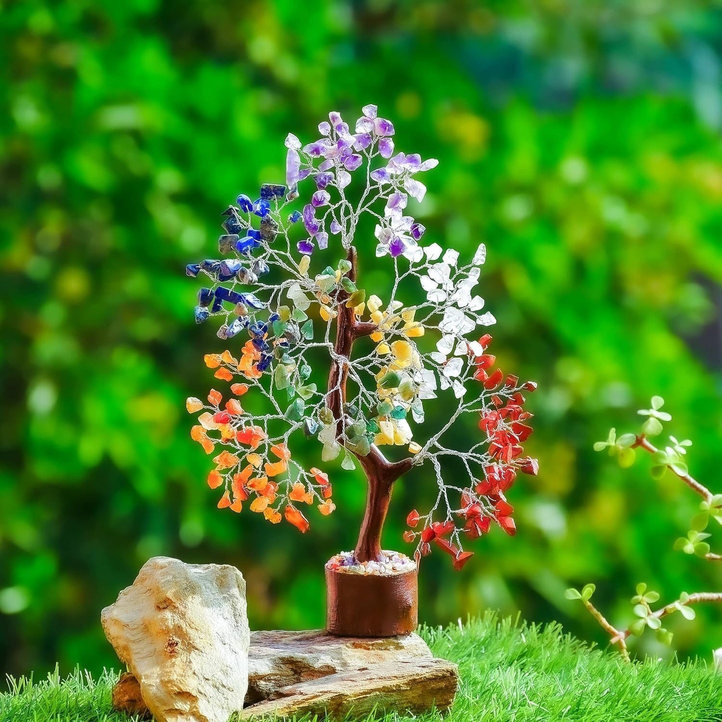 Crystal Chakra Tree for Reiki Healing - Premium Meditation Decor - Seven Chakra Tree Wrapped On Silver Wires - Feng Shui Bonsai Money Tree of Life Decor Home Office Crystal Gifts