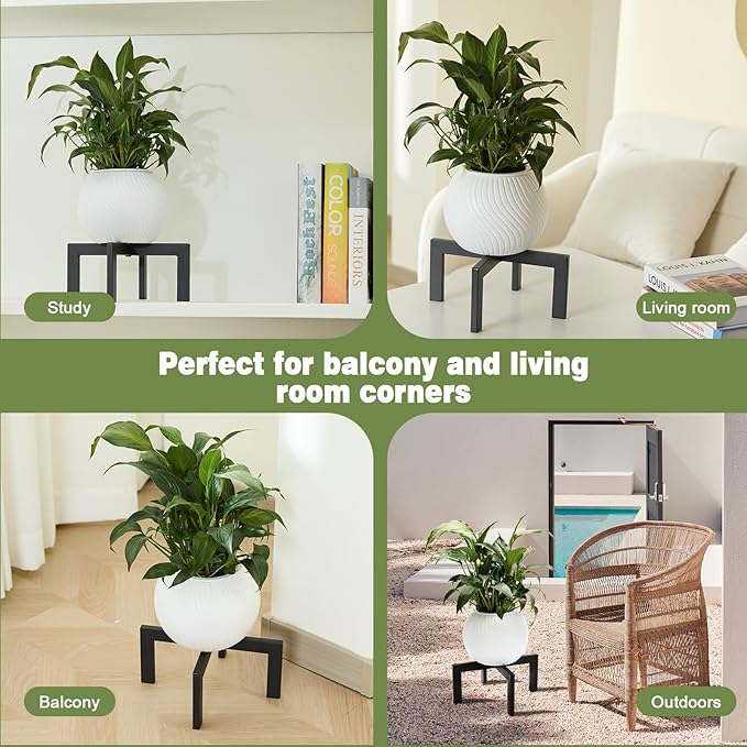 Heavy-Duty Metal Plant Stands Indoor Outdoor, 2/3 Pack Modern Plant Holder & Rattan Stool - Low Short Black Plant Stands Fit 5-12 Inch Pots (Plant Not Included)(3Pcs)