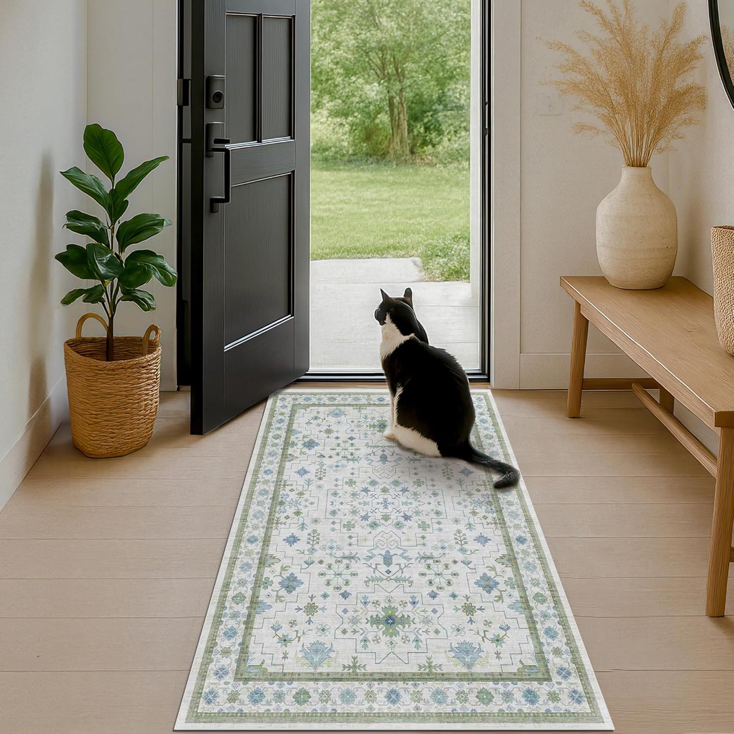 Blue and Green Washable Entryway Rugs 3x5 - Vintage Boho Floral Pastel Cream, Washable Low Pile Non Slip Small Throw Accent Area Rug for Door Mat Indoor Entrance, Kitchen, Bedroom Beside Bed Decor