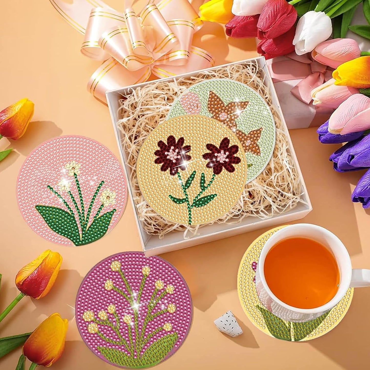 DOTSOPS 6Pack Diamond Art Coaster with Holder 5D Diamond Painting Kits for Adults Round Full Drill Beginners Gem Dots Craft Arts Supplies Party Home Decor Flower