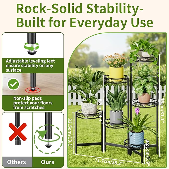 Plant Stand Indoor Outdoor, 6 Tier Metal Flower Shelf for Multiple Plants Corner Tall Floding Flower Holders for Patio Garden Living Room Balcony Bedroom - BlackCircle