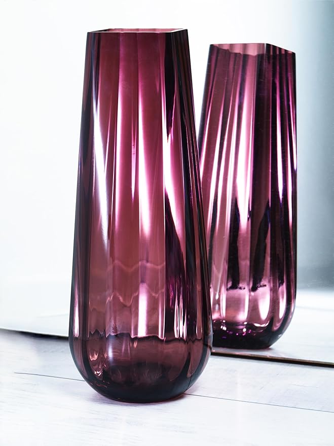 Flower Vase - Glass - Amethyst - Berry - Colored - Thick - 13.9" H - Square Top - Optic Design - European Made - by Barski