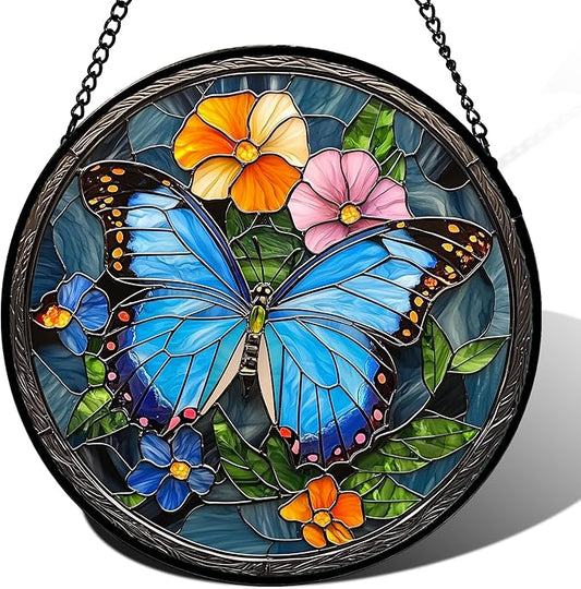 Stained Glass Window Hanging, Blue Butterfly Flower Suncatcher for Doors Home Sun Catchers Decoration and Christmas, Mother's Day Birthday Gifts for Women, Men, and Mom 11.8 in