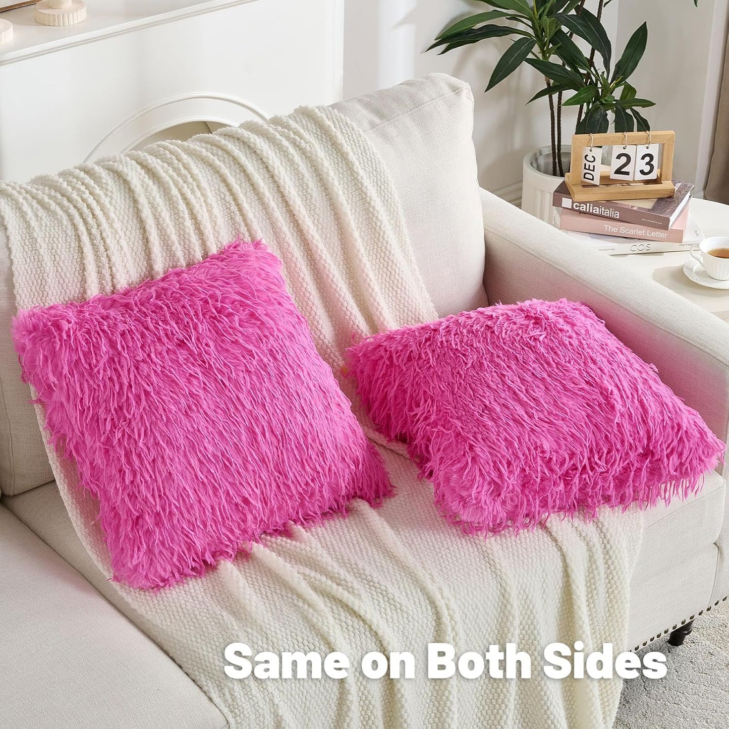 FUTEI Hot Pink Decorative Throw Pillow Covers 24x24 Inch Set of 2,Soft Fluffy Faux Feather Texture European Cushion Cases,Modern Home Luxury Decor for Couch Bed Living Room