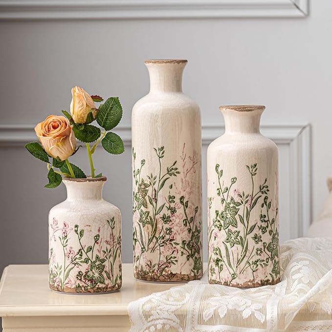Set of 3 Ceramic Vase, Vintage Pink Floral Beige Vases, Rustic French Country Farmhouse Decorative Vases for Home Decor, Living Room, Mesa de Centro para Sala, Mantel, Kitchen,Table, Shelf Decor