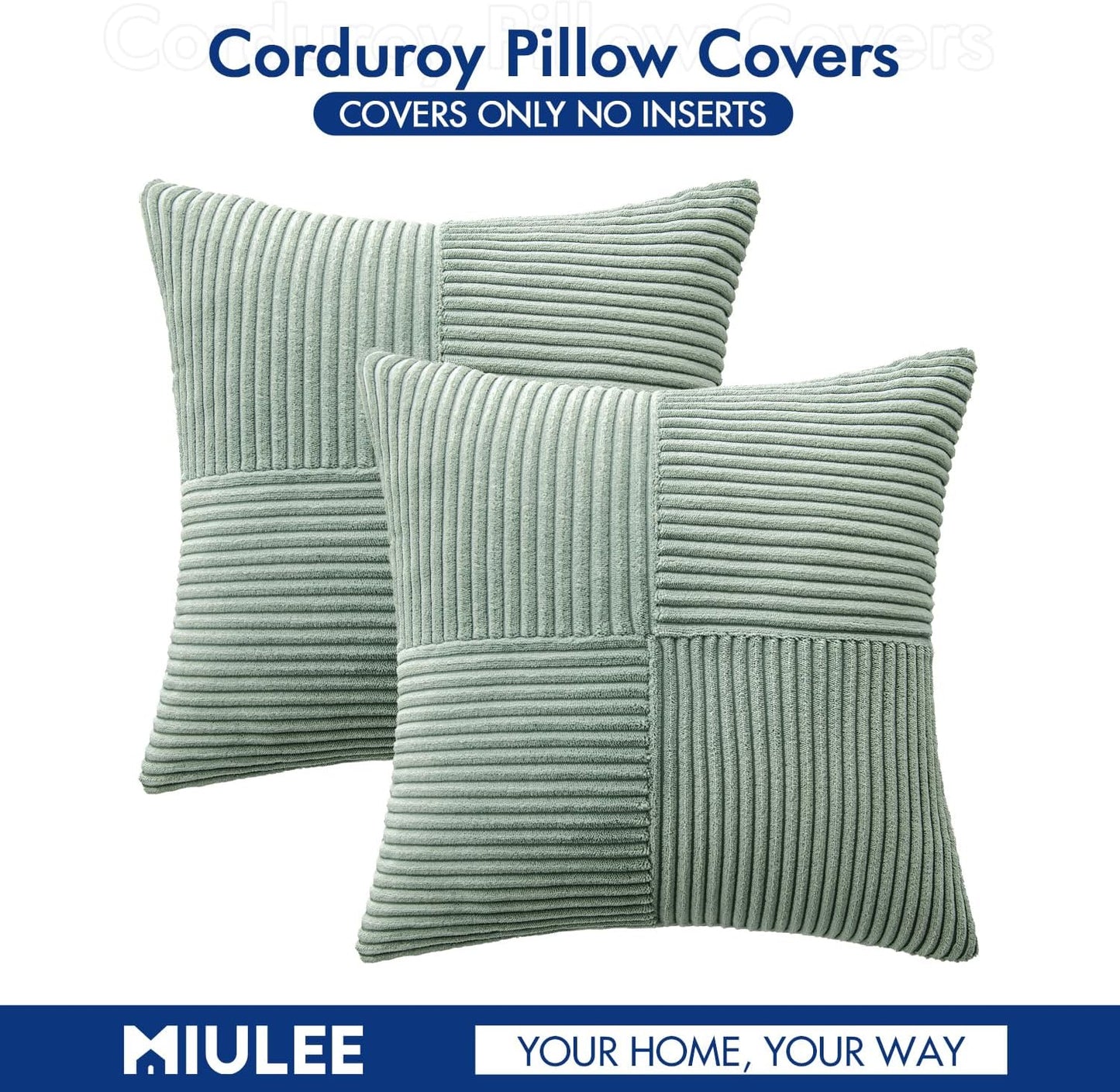 MIULEE 24x24 inch Euro Greyish Green Corduroy Pillow Covers Pack of 2 Boho Decorative Spliced Throw Pillow Covers Soft Solid Couch Pillowcases Cross Patchwork Textured Covers for Living Room Bed Sofa