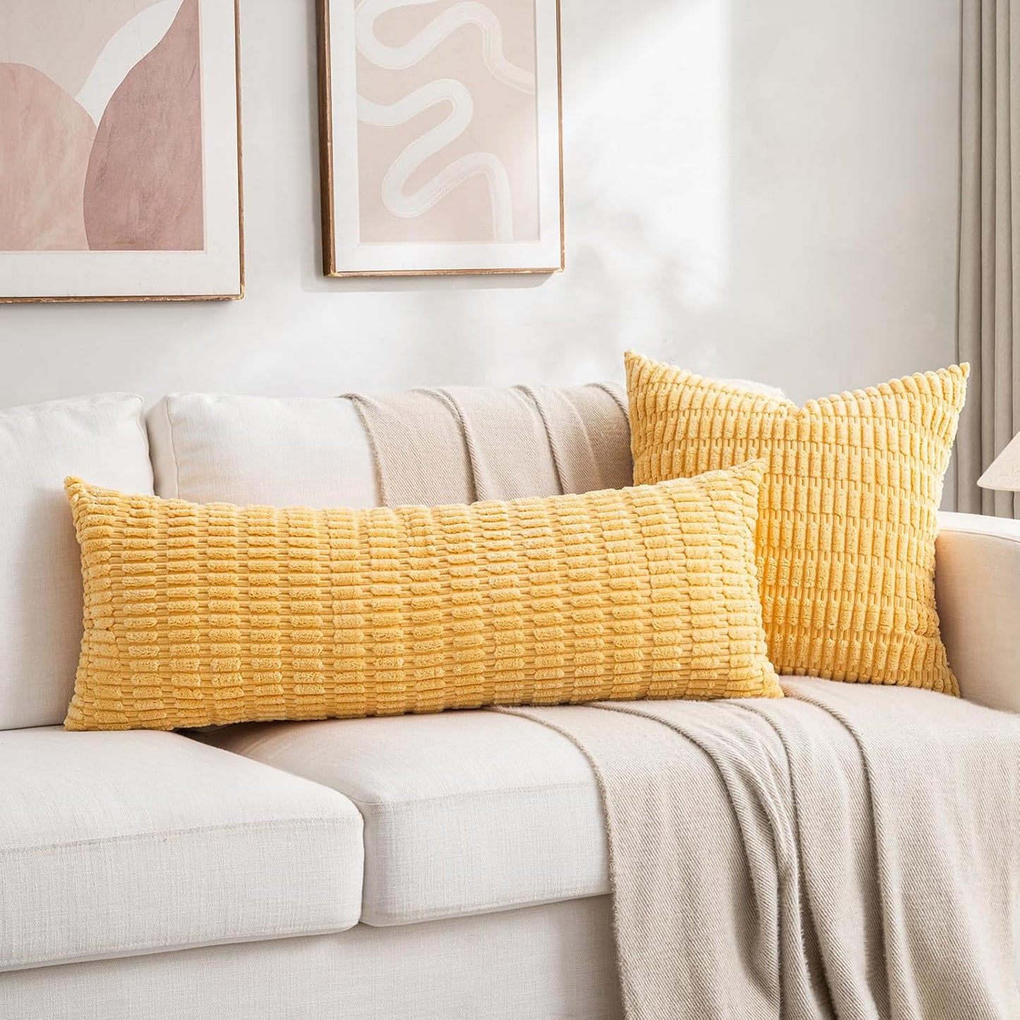 Fancy Homi 1 Pack Yellow Spring Long Lumbar Body Decorative Throw Pillow Covers 14x36 Inch for Bed Couch Bedroom Bench, Soft Corduroy Rectangle Solid Pillow Case 35x91 cm, Rustic Farmhouse Boho Decor