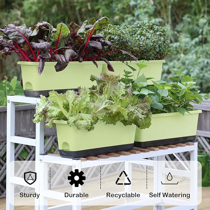 Window Box Planter 4 Packs, 17 Inches Rectangle Flower Pots with Drainage Holes & Trays, Pots for Vegetables, Herbs, Flowers, Garden Windowsill Balcony (Light Green, 17 * 5.1 * 6 inch)
