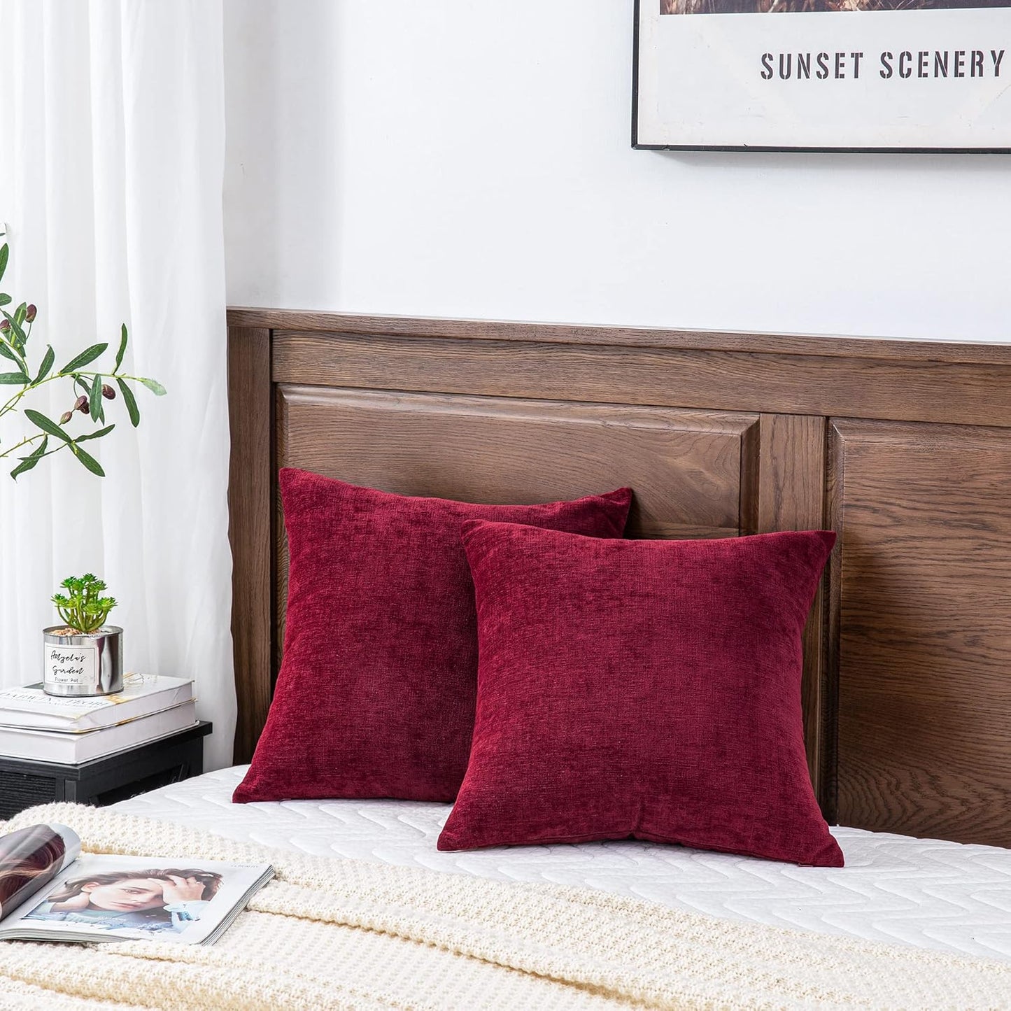 GAWAMAY Decorative Square Throw Pillow Covers 22"x22" Inch Set of 2, Super Soft Chenille Pillows Farmhouse Fall Pillowcase for Living Room Bedroom Sofa Couch Cushion Cover Burgundy Red 55x55cm