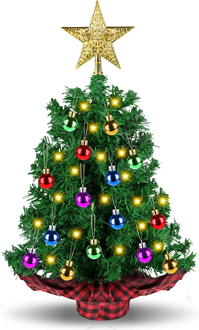 [ 8 Modes & Timer] 2 Ft Tabletop Christmas Tree with LED Lights, Mini Artificial Christmas Tree Battery Operated Small Xmas Tree with Ball & Star Topper for Indoor Home Office Holiday Party Decor