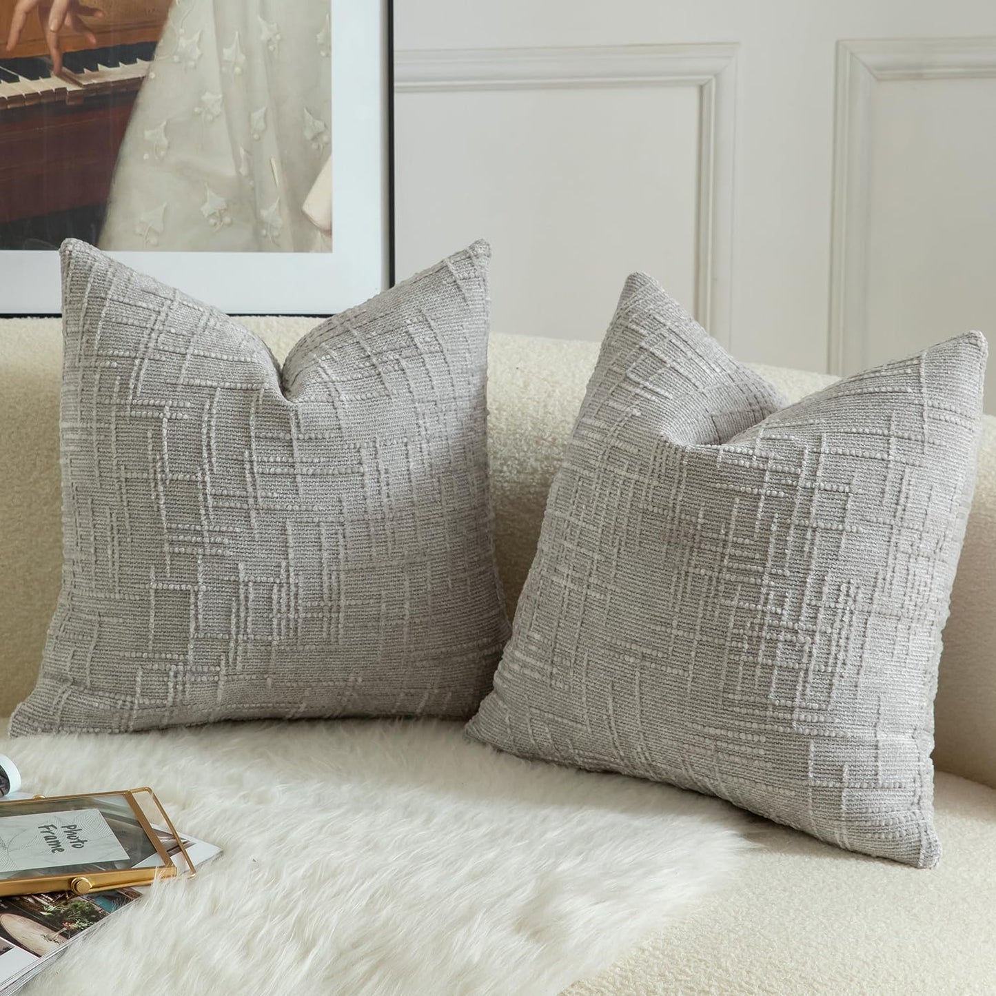 MANDIOO Pack of 2 Soft Chenille Textured Throw Pillow Covers Square Accent Solid Decorative Cushion Cover Cozy Farmhouse Pillow Case for Couch Sofa Bed Living Room 18x18 Inch Light Gray