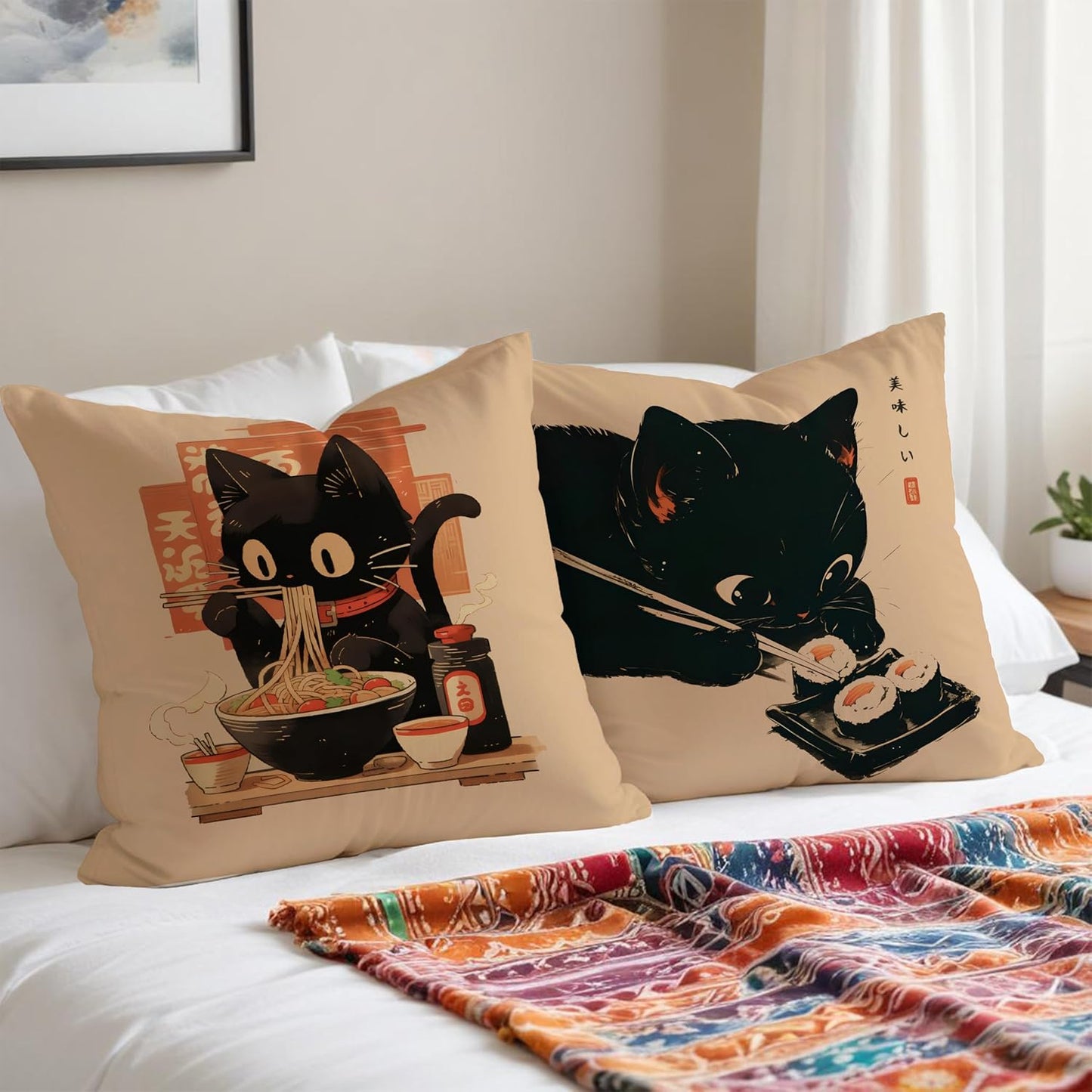 Funny Vintage Black Cat Japanese Sushi Ramen Noodles Pillow Covers 18x18 Set of 2, Aesthetic Black Cat Art Painting Decor Pillow Covers for Room Bedroom