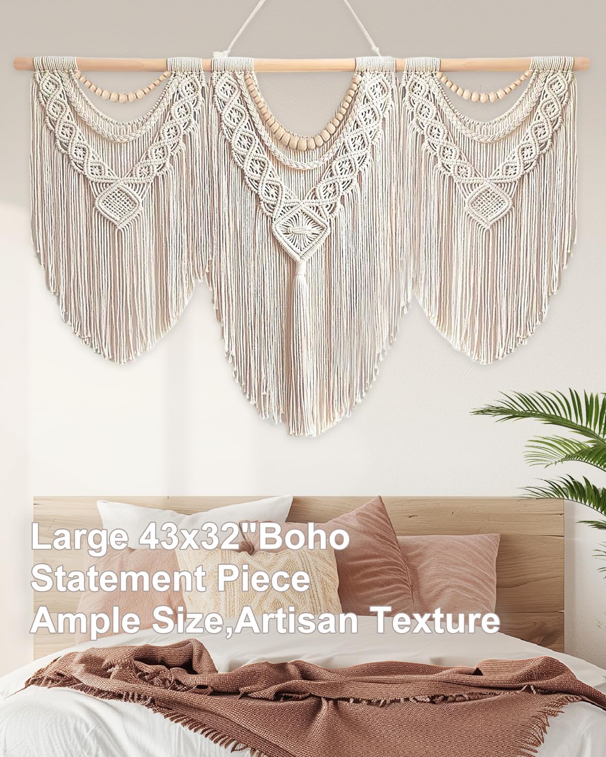 Gliterra Large Macrame Wall Hanging Handmade Boho Tapestry 43"x32" - Wall Art Decor for Living Room, Bedroom, Wedding (Beige)