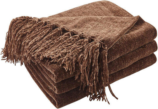 CozeCube Chenille Throw Blanket for Couch, Cozy Plush Fuzzy Decorative Dark Brown Blanket with Fringe Tassels, Lightweight Throws for Bed Sofa Gift Home Decor, 60"X80"