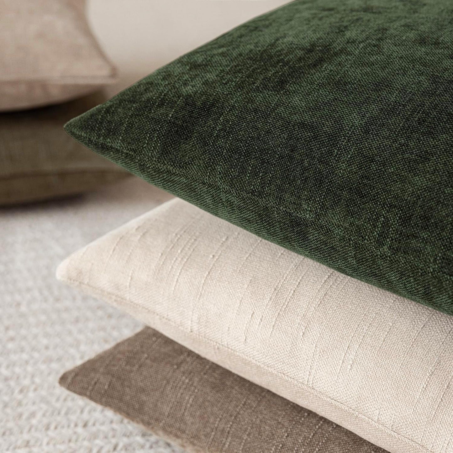 Foindtower Pack of 2 Soft Textured Chenille Throw Decorative Pillow Covers Square Accent Solid Cushion Cover Neutral Farmhouse Pillow Case for Couch Sofa Bedroom Living Room 18x18 Inch,Dark Green
