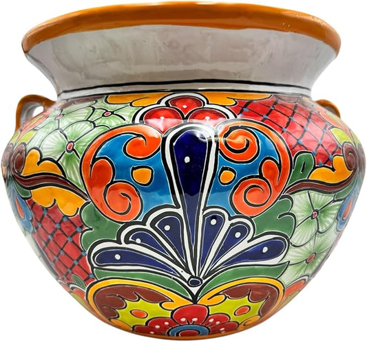 Talavera Michoacana Planter XL Pot Folk Art Multicolor Mexican Pottery Home Decor Hand Painted Garden Indoor Handmade Outdoor 18.5" (Yellow Multicolor)