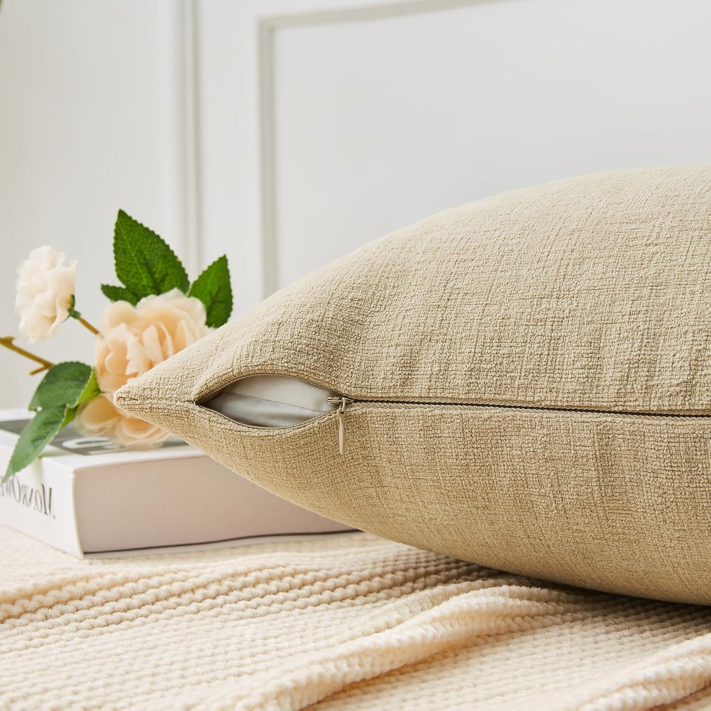 GAWAMAY Decorative Chenille Throw Pillow Covers 26x26 Inch Pack of 2, Soft Square Couch Pillow Cover for Sofa Cushion Living Room Bedroom Solid Dyed Oversized Pillowcases Khaki 66x66cm (ONLY Covers)