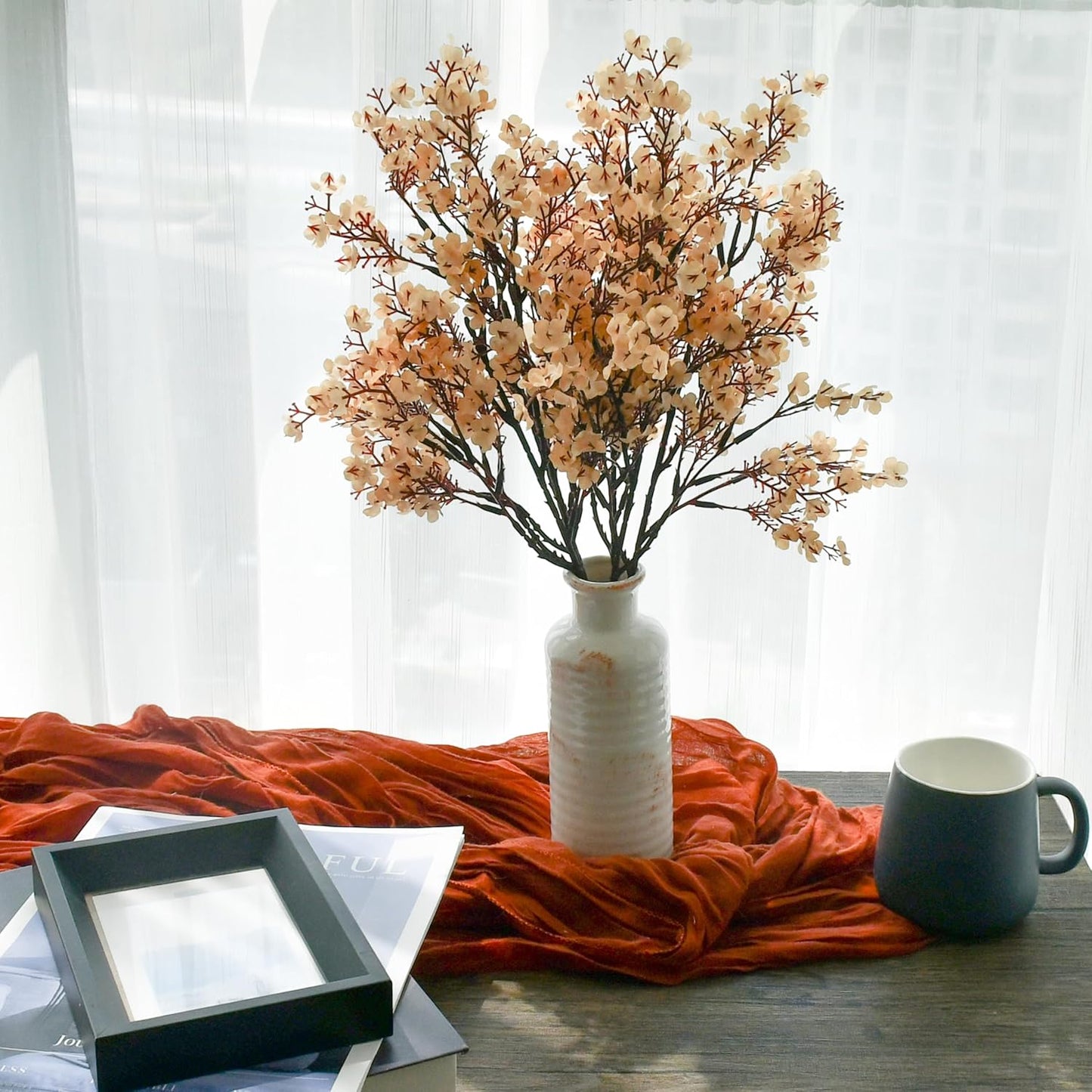 Mandy's Champagne Artificial Baby’s Breath Flowers 6 Bundles Silk Gypsophila with Bendable Stems for Fall Centerpiece Wedding Decor and Table Arrangements