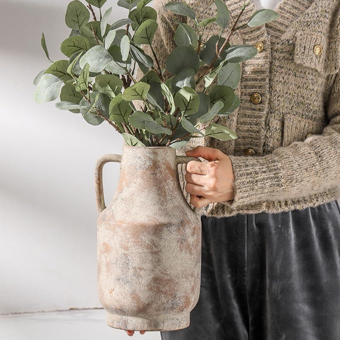 Mitt&Ditt Ceramic Flower Vase with Handles, 11 inch Tall Vase for Centerpieces, Large Decorative Terracotta Vases, Farmhouse Rustic Vases for Home Decor, Living Room, Table, Neutral