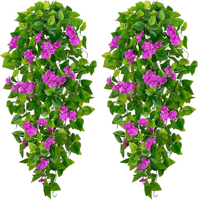 BLEUM CADE Artificial Hanging Flowers for Outdoors, 2pcs Fake Hanging Plants Pothos Vines with Purple Flowers for Wall Home Living Room Indoor Outdoor Decor (No Baskets)