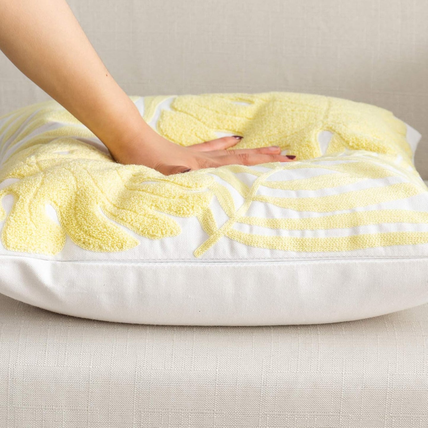 Embroidery Throw Pillow Covers 18x18 Floor Pillow Cover for Couch Bed Room Chair 100% Cotton Loop Embroidered Light Yellow Tropical Leaves Cushion Cover Square Pillow Case 45x45cm, 1 Piece