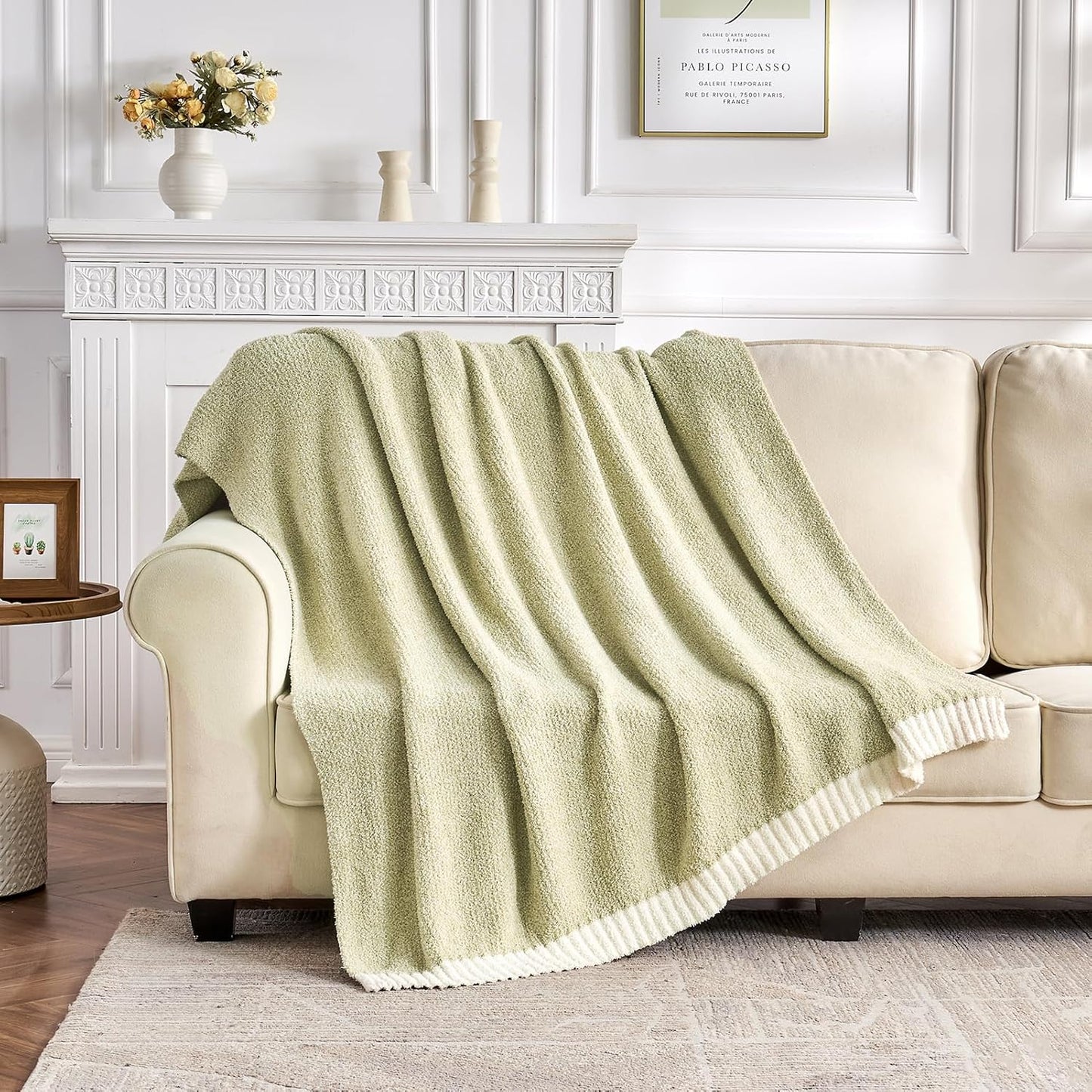 CozeCube Super Soft Fullfy Microfiber Reversible Knitted Blankets, Warm Cozy Fuzzy Plush Throw, Sage Green and White Melange Throw Blanket for Couch Bed Sofa, 60" x 80"