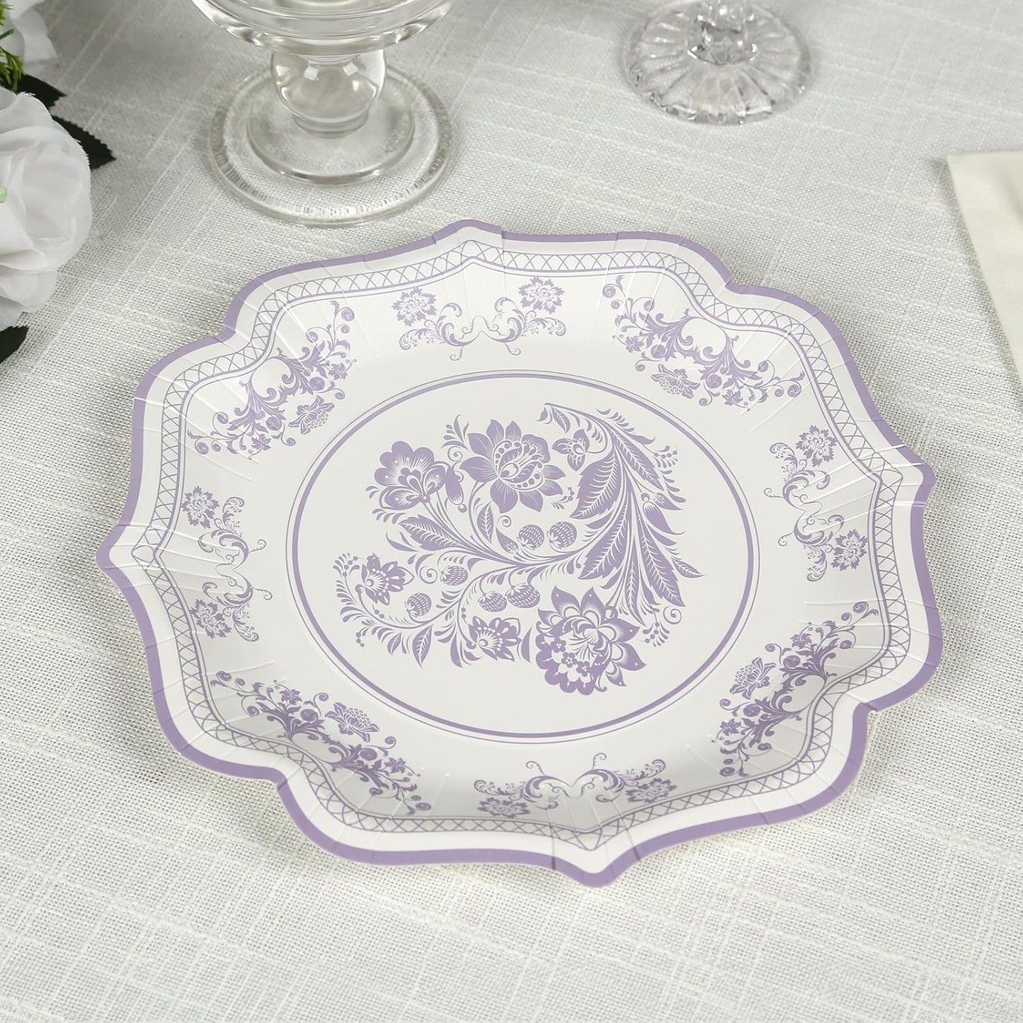Efavormart 25 Pack White Lavender Lilac Paper Dessert Plates in Damask Floral Pattern, 8" Round Disposable Salad Appetizer Plates with Scalloped Rims - 300 GSM