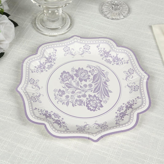 Efavormart 25 Pack White Lavender Lilac Paper Dessert Plates in Damask Floral Pattern, 8" Round Disposable Salad Appetizer Plates with Scalloped Rims - 300 GSM