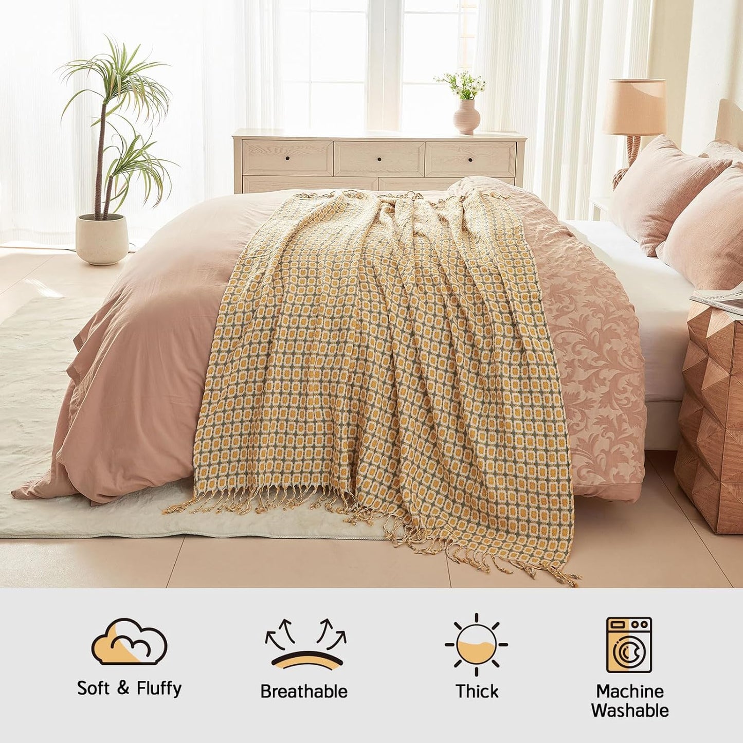 lifein Throw Blanket for Couch - Boho Throw Blanket, Knit Woven Blanket, Soft Decorative Blankets&Throws with Tassels for Bed,Sofa,Chair,Home Decor(50x60in,Yellow/Mustard)