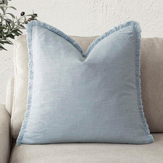 Foindtower Decorative Linen Fringe Throw Pillow Covers Cozy Boho Farmhouse Cushion Cover with Tassels Soft Accent Pillowcase for Chair Sofa Bed Living Room Home Decor, 26×26 Inch,1PC,Sky Blue