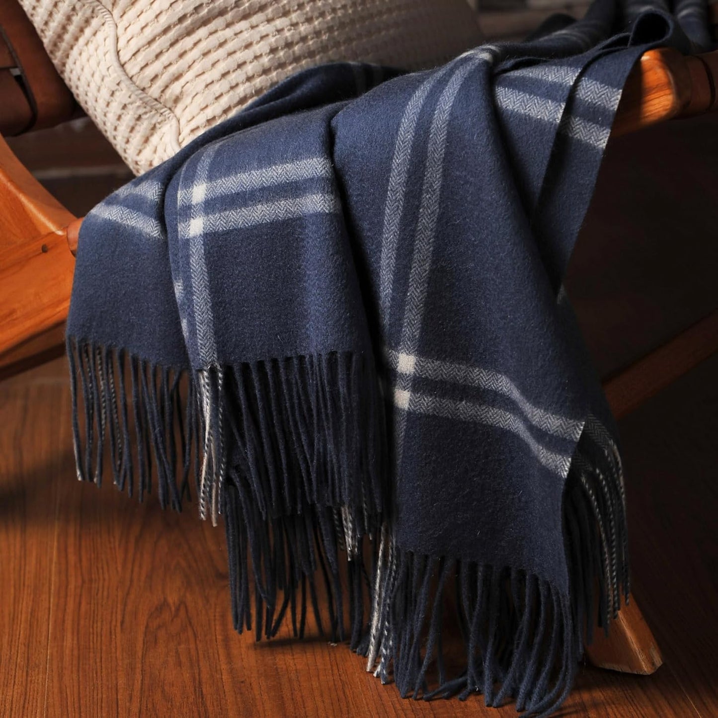 CUDDLE DREAMS Premium Cashmere Throw Blanket with Fringe, Luxuriously Soft (Plaid Blue)