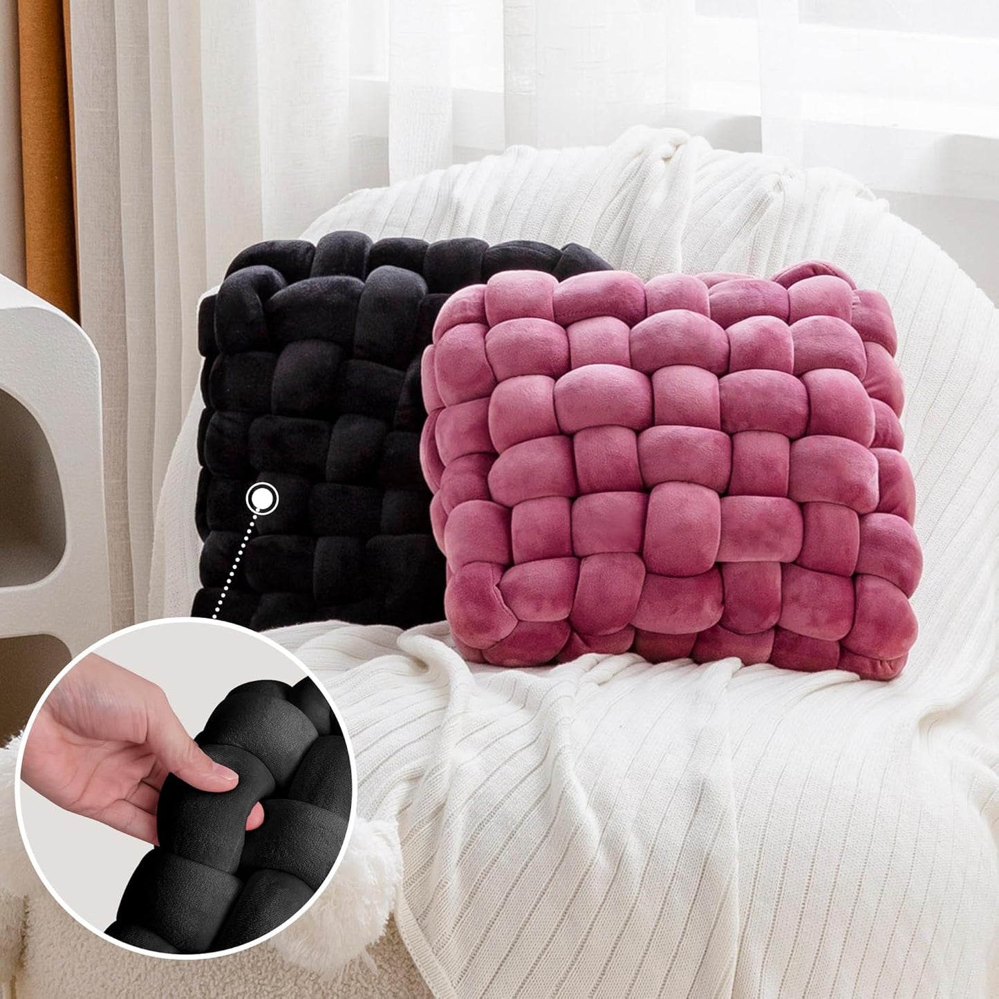 JELLYMONI Black Square Knot Throw Pillow, Small Size Home Decorative Pillow, Decorative Ins Throw Pillow, Soft Velvet Knotted Decor for Room and Couch (S- 11.8"×11.8"×3.5", Black)